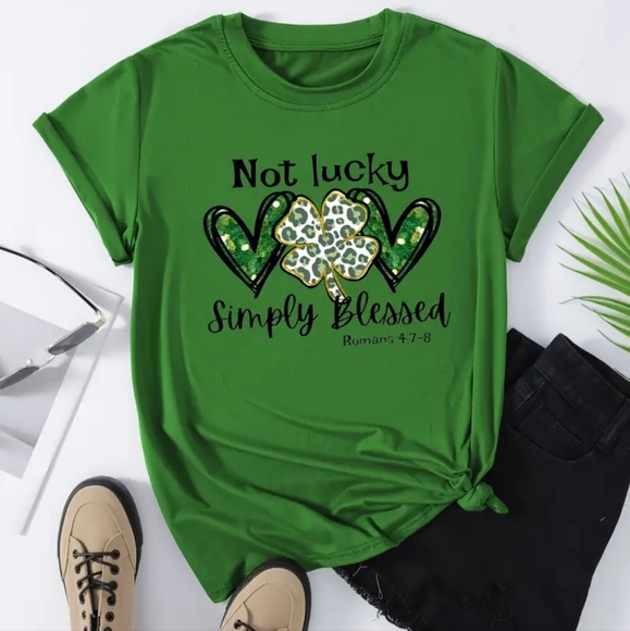 Women's Hearts & 'Not Lucky,Just Blessed' Green Short Sleeve Crew Neck T-Shirt - Picture 6 of 6
